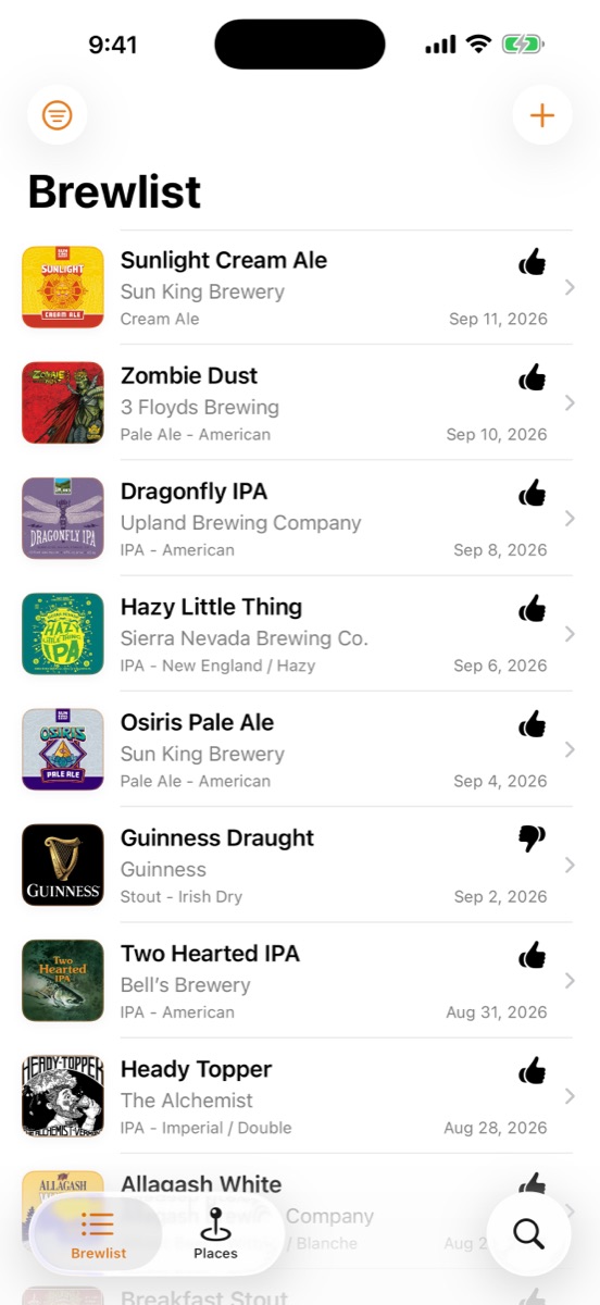 WhichCraft's Brewlist: logged beers with their brewery, style, date, and a thumbs up or down.